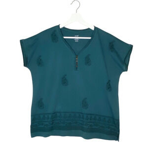 Pure Jill Shirt Small Embroidered Buttoned V-Neck Tee Floral Cotton Green Boxy
